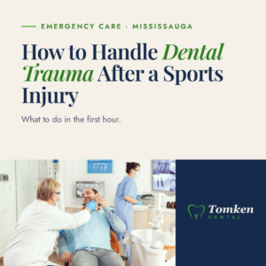 Dentist examining male patient's jaw after a sports injury - handling dental trauma, Tomken Dental Mississauga